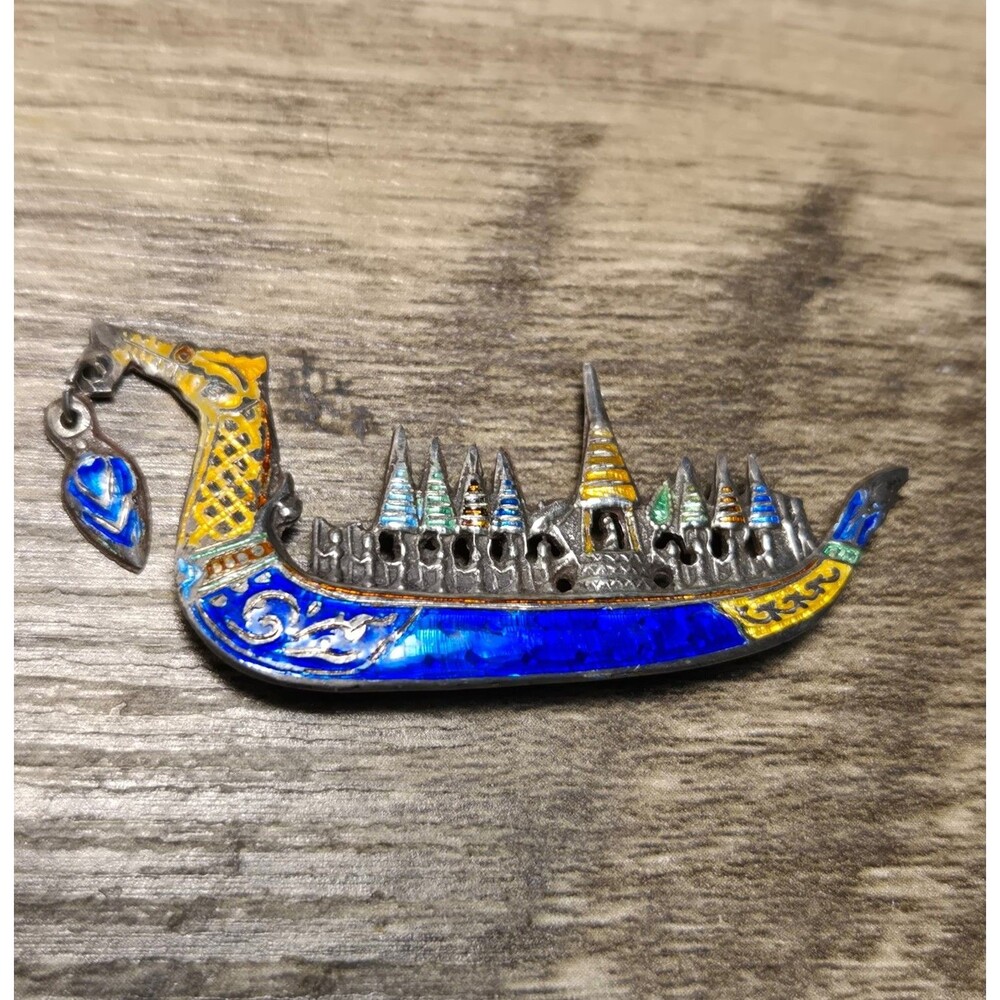 Sterling Silver Dragon Boat Enamel Pin Brooch